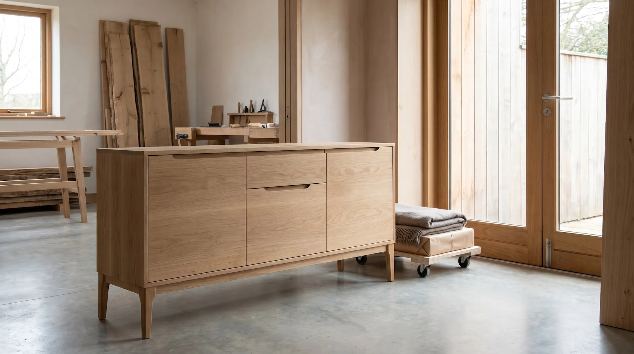 Finished oak cabinet wrapped carefully for delivery in a quiet workshop setting